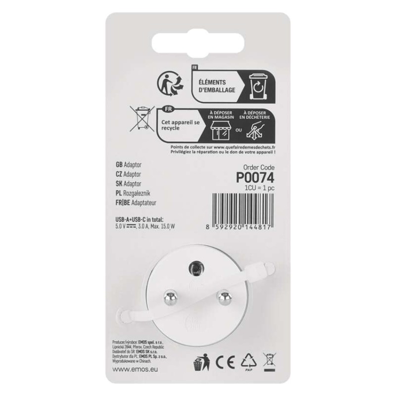 Rozbočovací zásuvka 1×, 1×USB-A+1×USB-C, bílá