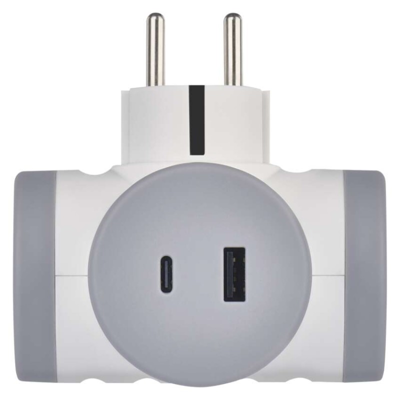 Rozbočovacia zásuvka 2×, 1×USB-A+1×USB-C, bielo-sivá