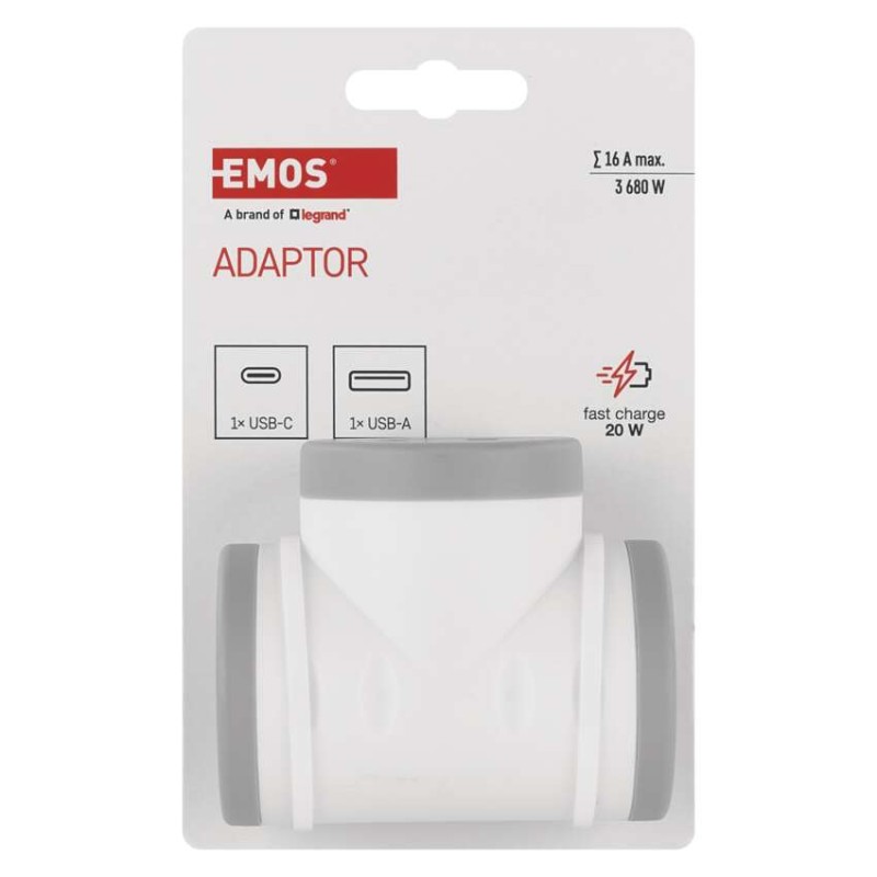 Rozbočovacia zásuvka 2×, 1×USB-A+1×USB-C, bielo-sivá