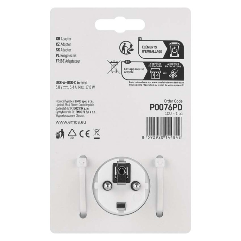 Rozbočovacia zásuvka 2×, 1×USB-A+1×USB-C, bielo-sivá