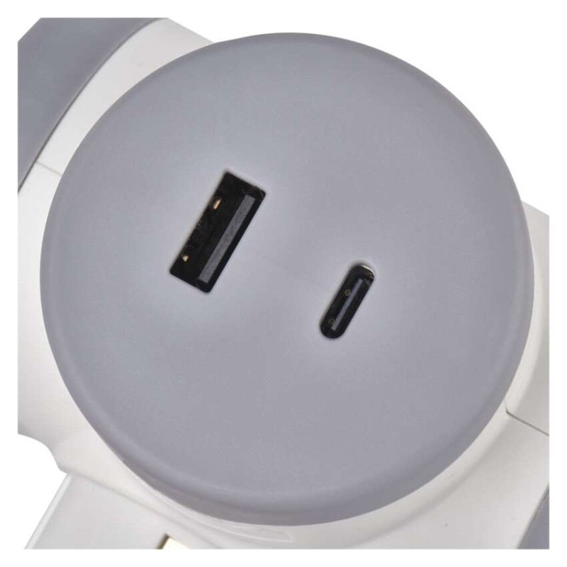 Rozbočovacia zásuvka 2×, 1×USB-A+1×USB-C, bielo-sivá