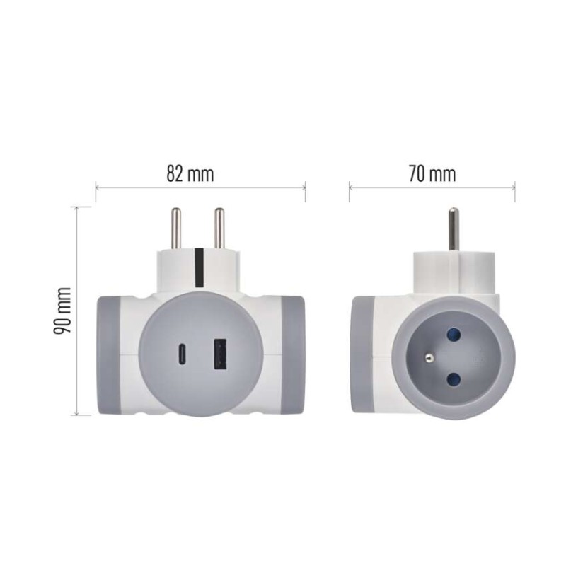 Rozbočovacia zásuvka 2×, 1×USB-A+1×USB-C, bielo-sivá