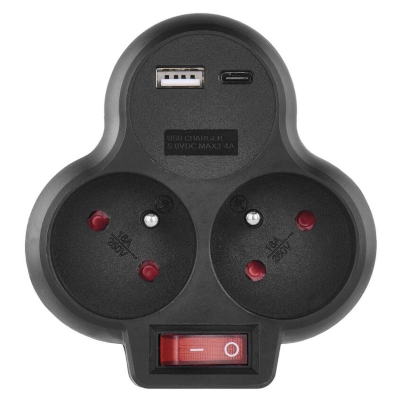 Rozbočovací zásuvka 2×, vyp., 1×USB-A+1×USB-C, černá