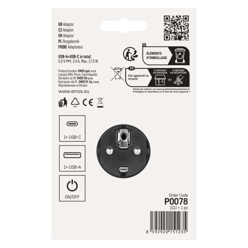 Rozbočovací zásuvka 2×, vyp., 1×USB-A+1×USB-C, černá