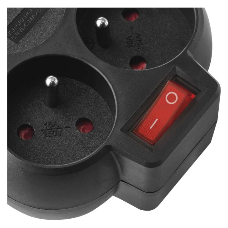 Rozbočovací zásuvka 2×, vyp., 1×USB-A+1×USB-C, černá