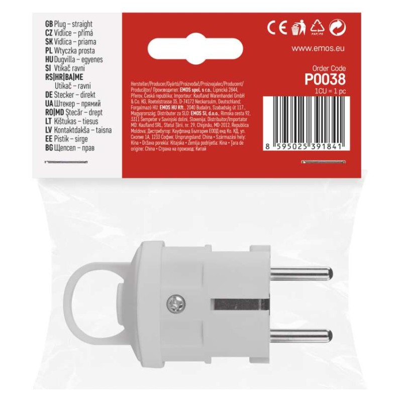 Vidlice přímá pro prodlužovací kabel, bílá