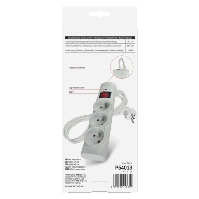 Listwa przeciwprzepięciowa EMOS, 3 gniazda 1,5 m, biała
