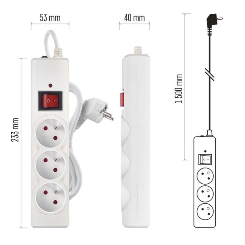 Listwa przeciwprzepięciowa EMOS, 3 gniazda 1,5 m, biała