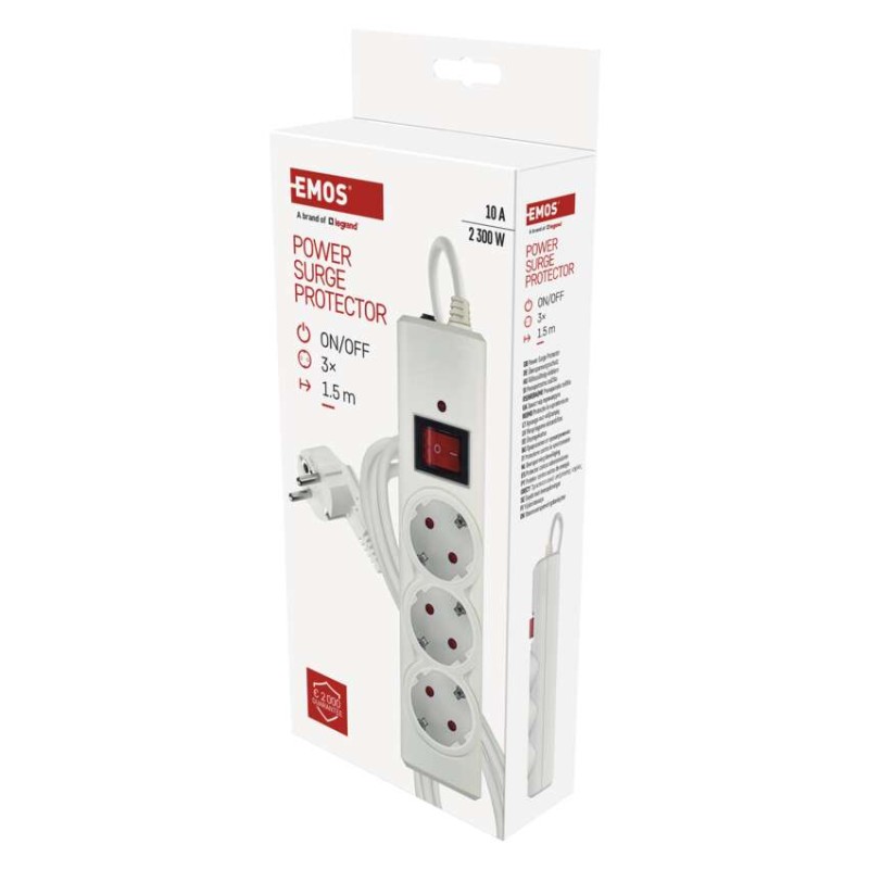 Pārsprieguma aizsargs – 3 kontaktligzdas, 1,5 m, balts