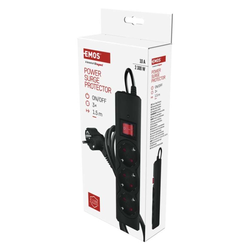 Pārsprieguma aizsargs – 3 kontaktligzdas, 1,5 m, melns