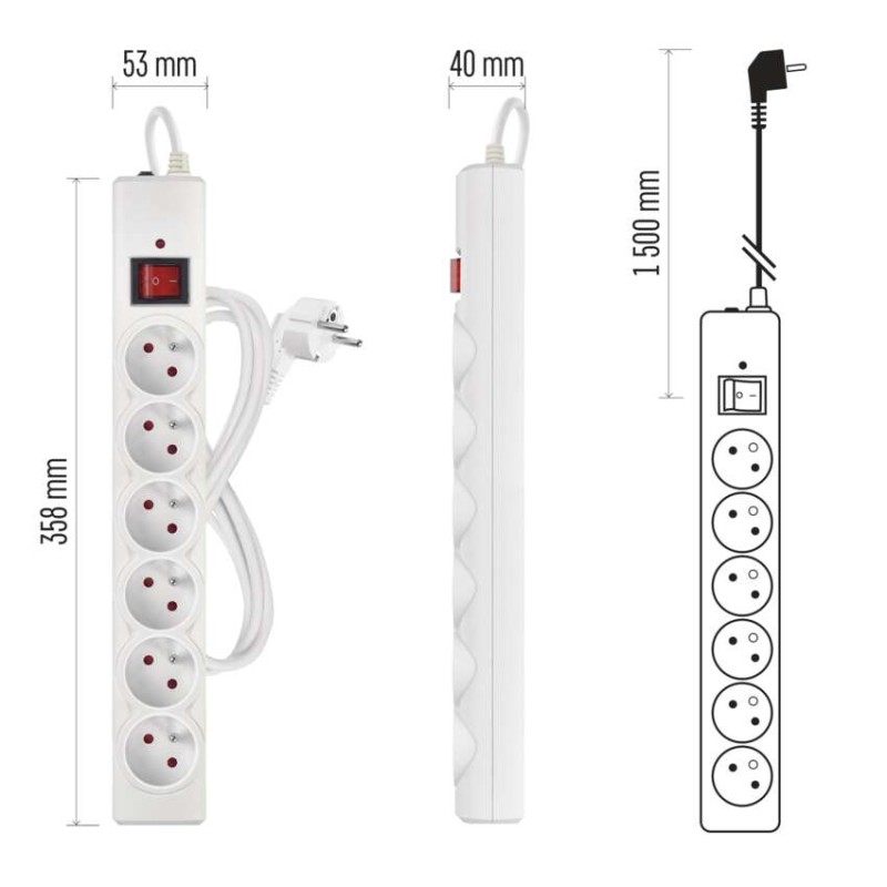 Listwa przeciwprzepięciowa EMOS, 6 gniazd, 1,5 m, biała