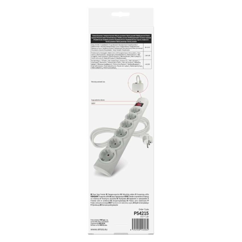 Pārsprieguma aizsargs – 6 kontaktligzdas, 1,5 m, balts
