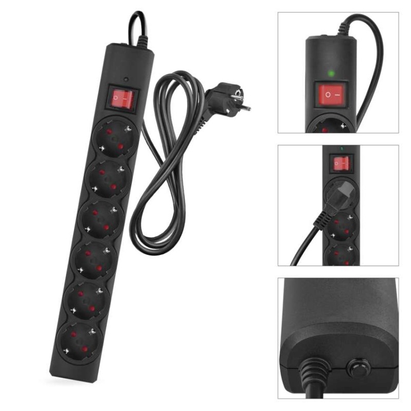 Pārsprieguma aizsargs – 6 kontaktligzdas, 1,5 m, melns