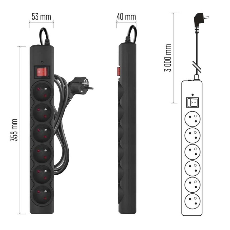 Prepäťová ochrana – 6 zásuviek, 3 m, čierna