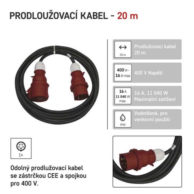 3 fázový venkovní prodlužovací kabel 20 m / 1 zásuvka / černý / guma / 400 V / 2,5 mm2