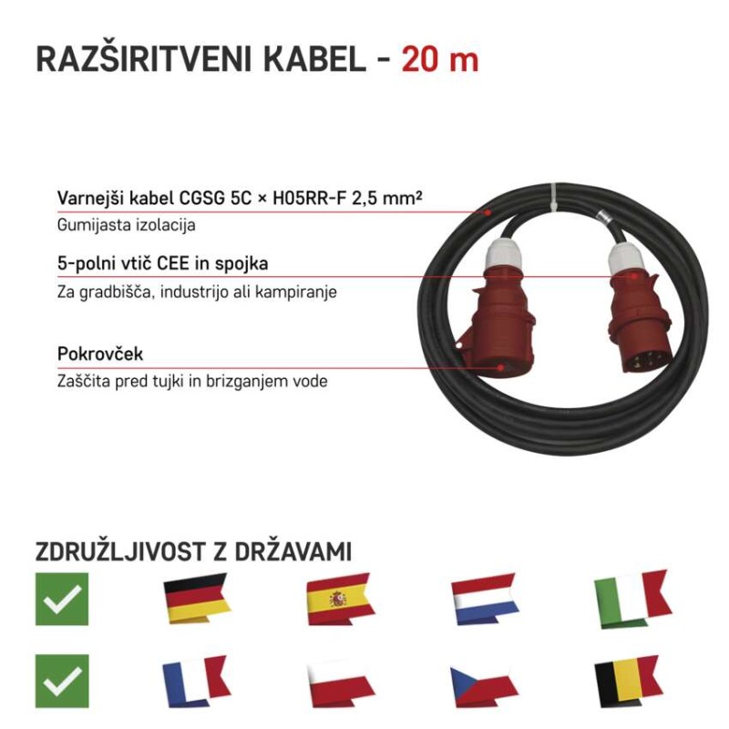 3 fazni zunanji podaljšek 20 m / 1 vtičnica / črni / guma / 400 V / 2,5 mm2