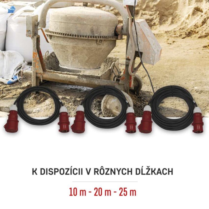 3 fázový vonkajší predlžovací kábel 20 m / 1 zásuvka / čierny / guma / 400 V / 2,5 mm2