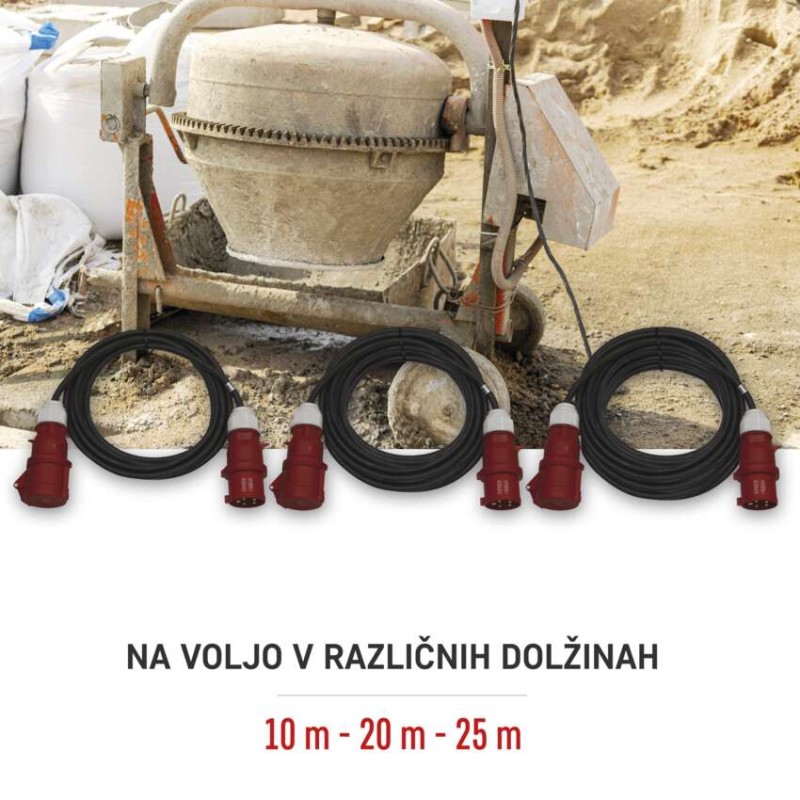 3 fazni zunanji podaljšek 20 m / 1 vtičnica / črni / guma / 400 V / 2,5 mm2