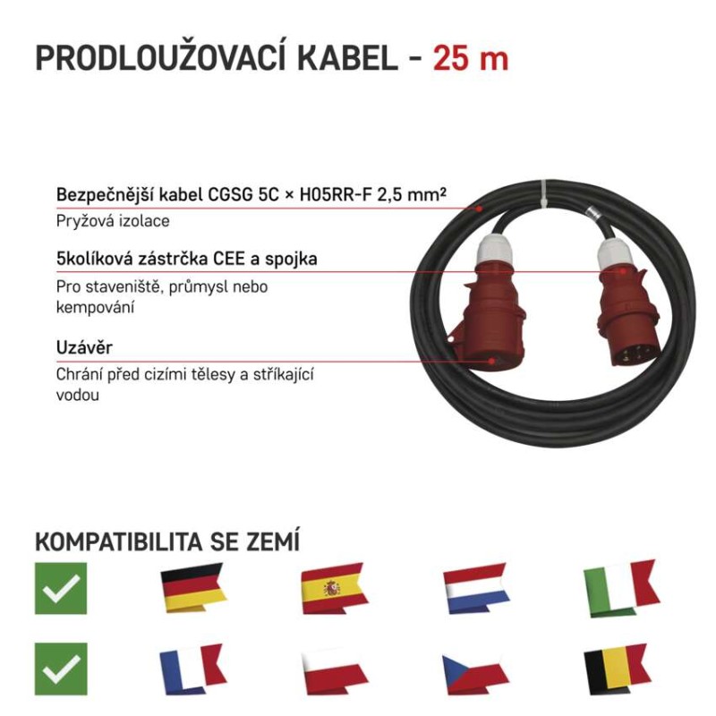 3 fázový venkovní prodlužovací kabel 25 m / 1 zásuvka / černý / guma / 400 V / 2,5 mm2