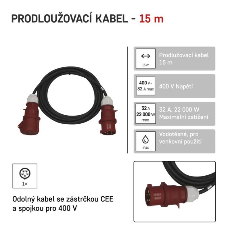 3 fázový venkovní prodlužovací kabel 15 m / 1 zásuvka / černý / guma / 400 V / 4 mm2