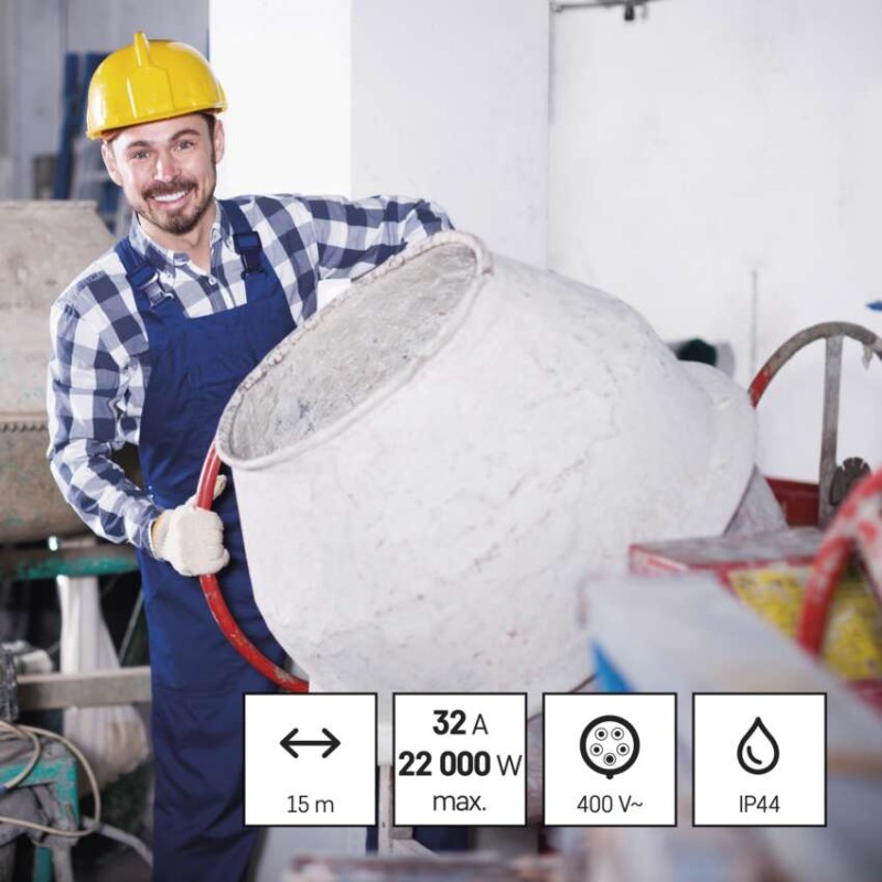 3 fázový venkovní prodlužovací kabel 15 m / 1 zásuvka / černý / guma / 400 V / 4 mm2