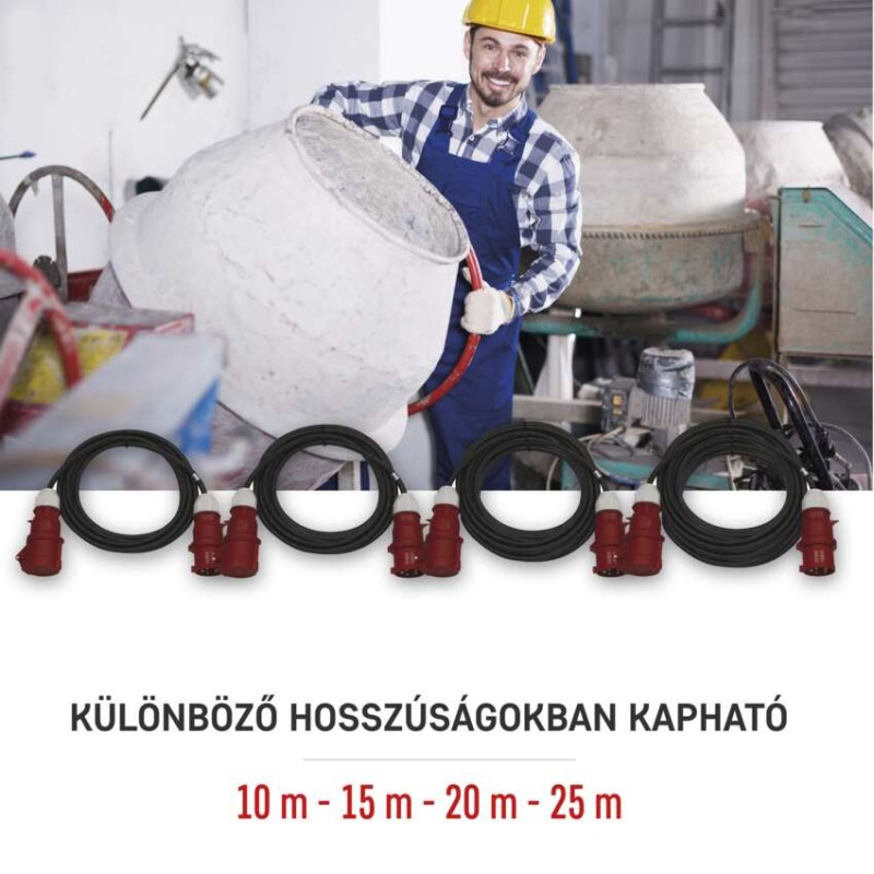 3 fázisú kültéri hosszabbító 20 m / 1 aljzat / fekete / gumi / 400 V / 4 mm2