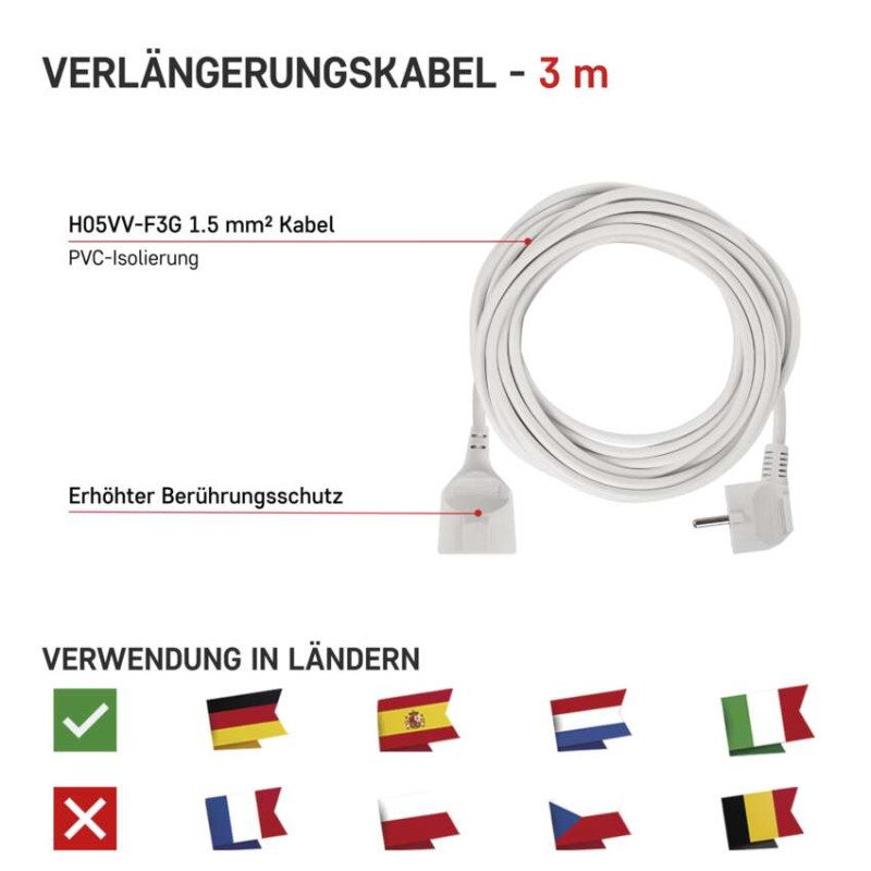Verlängerungskabel 3 m / 1 Steckdose / weiß / PVC / 1,5 mm2