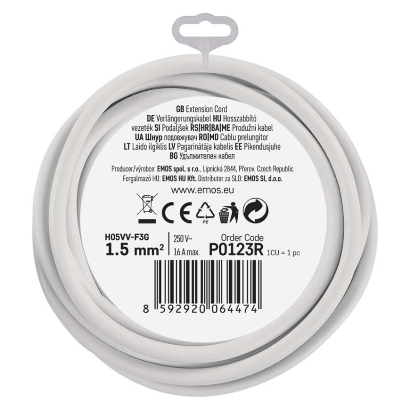 Ilgintuvas 3 m / 1 lizdas / baltas / PVC / 1,5 mm2 