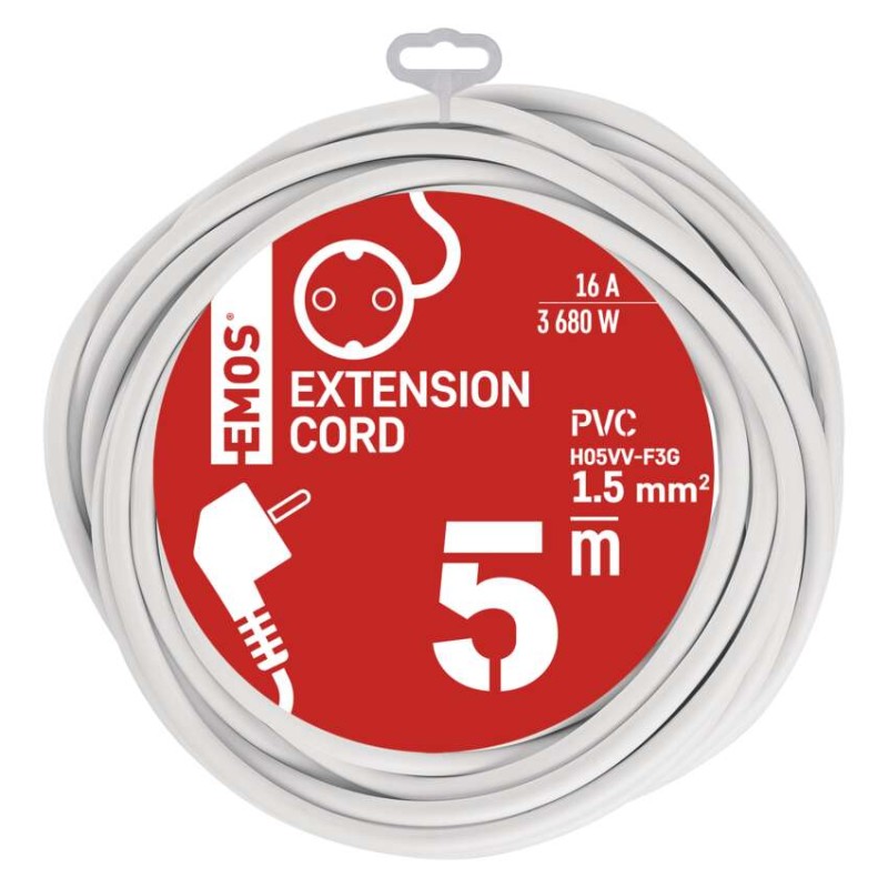 Ilgintuvas 5 m / 1 lizdas / baltas / PVC / 1,5 mm2 