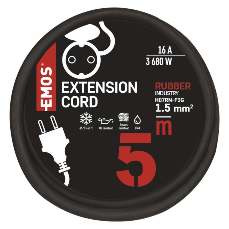 Pikendusjuhe õue 5 m / 1 Pistikupesa / must / kummi-neopreen / 250 V / 1,5 mm2