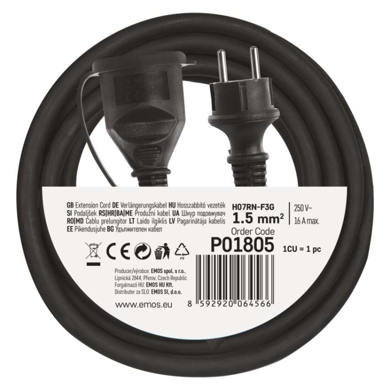 Pikendusjuhe õue 5 m / 1 Pistikupesa / must / kummi-neopreen / 250 V / 1,5 mm2