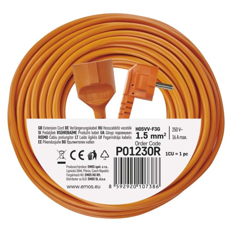 Pagarinātājs, 30 m / 1 kontaktligzda / oranžs / PVH / 250 V / 1,5 mm2
