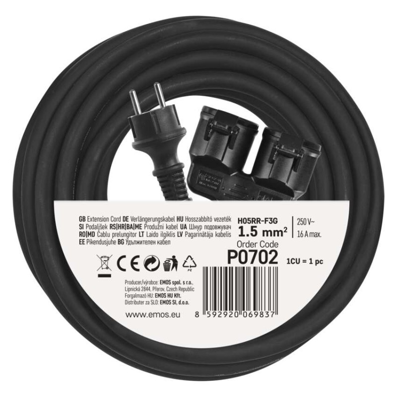 Āra pagarinātājs, 15 m / 2 kontaktligzdas / melns / gumijas / 250 V / 1,5 mm2