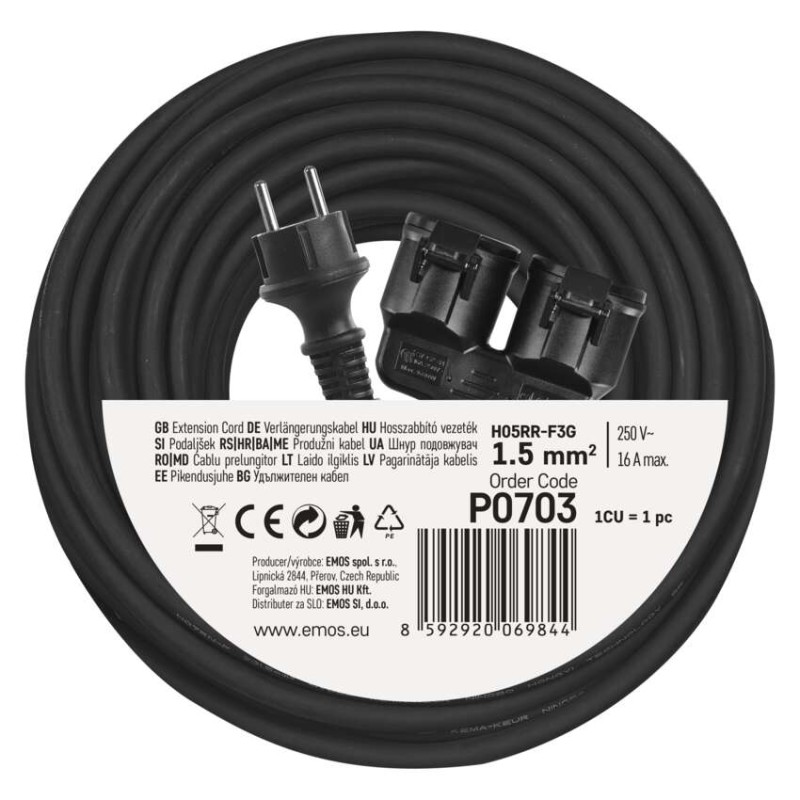 Verlängerungskabel 20 m / 2 Steckdosen / schwarz / Gummi / 250 V / 1,5 mm2