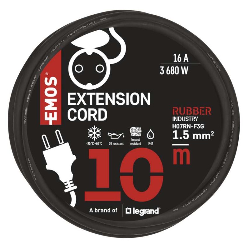 Lauko ilgintuvas 10 m / 1 lizdas / juodas / guma-neoprenas / 250 V / 1,5 mm2 