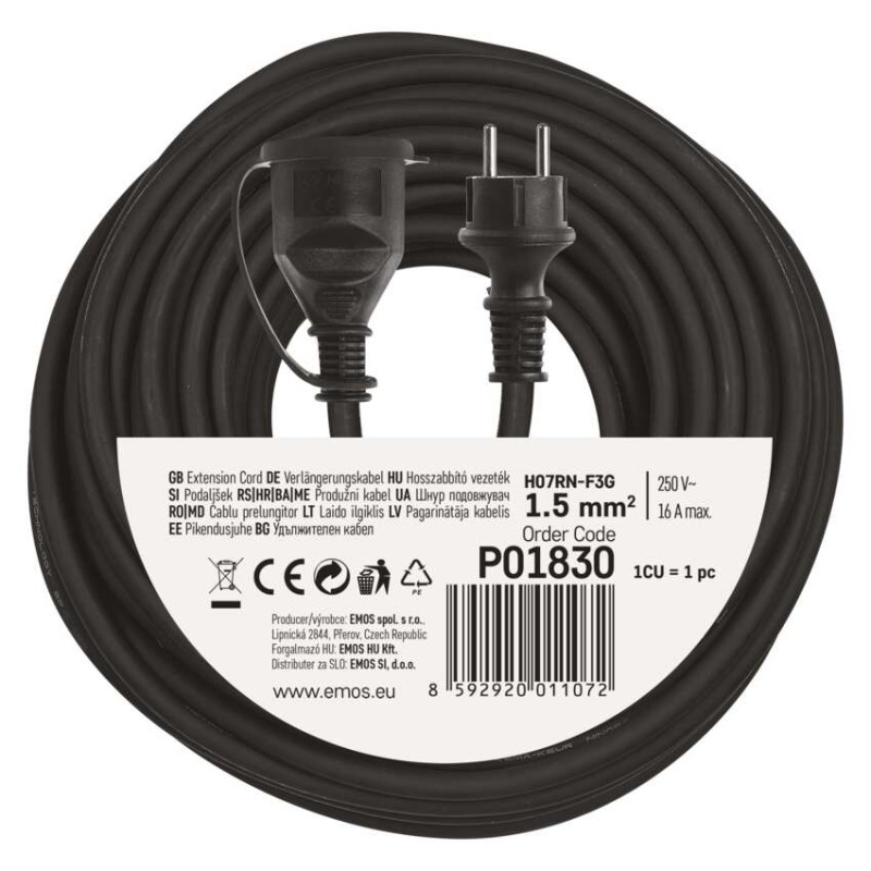 Hosszabbító 30 m / 1 aljzat / fekete / gumi-neoprén / 250 V / 1,5 mm2