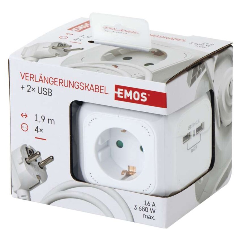 Ilgintuvas – Cube 1,9 m / 4 lizdai / baltas / PVC / su USB / 1,5 mm2 