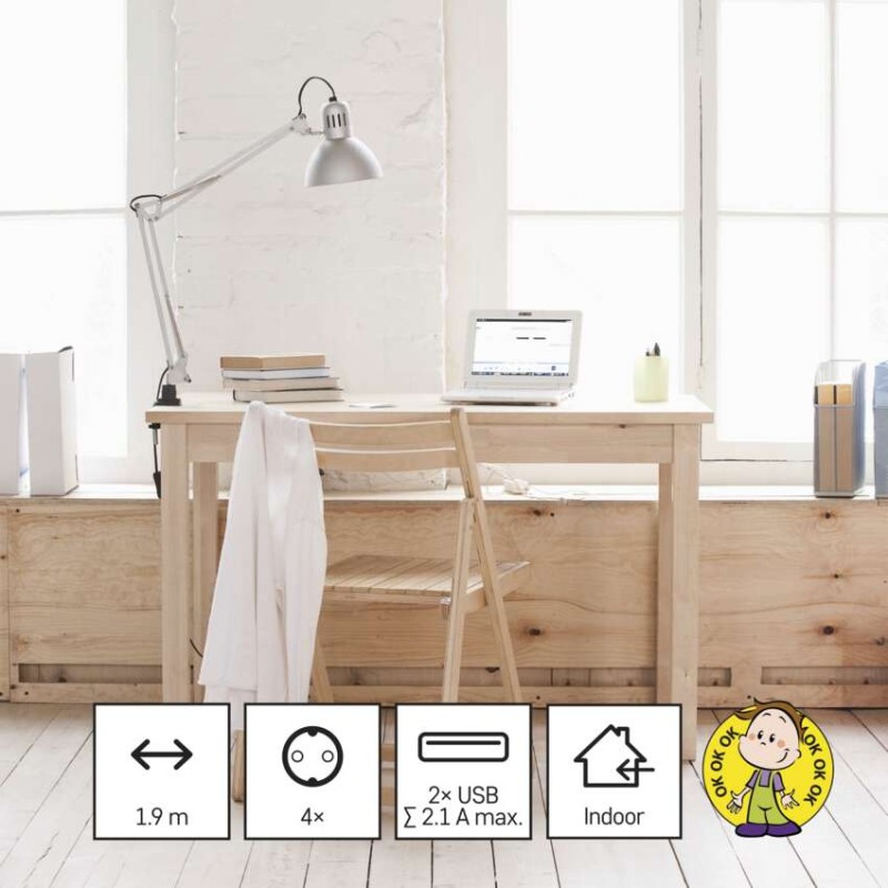 Ilgintuvas – Cube 1,9 m / 4 lizdai / baltas / PVC / su USB / 1,5 mm2 