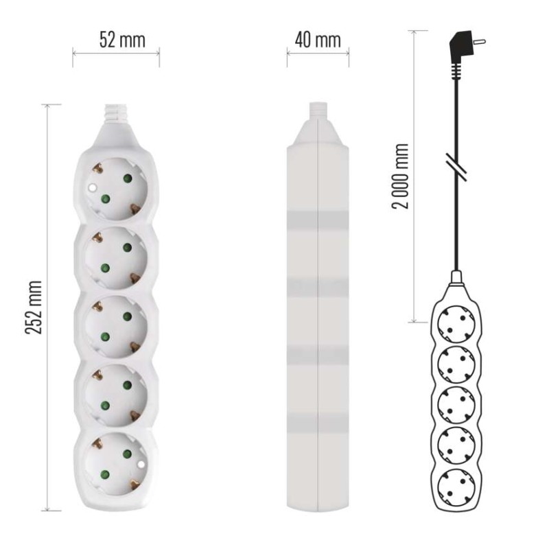 Prailginimo laidas 2 m / 5 lizdai / baltas / PVC / 1 mm2