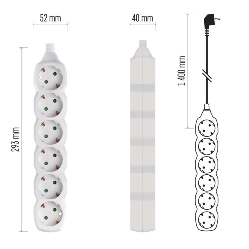 Prailginimo laidas 1,4 m / 6 lizdai / baltas / PVC / 1 mm2