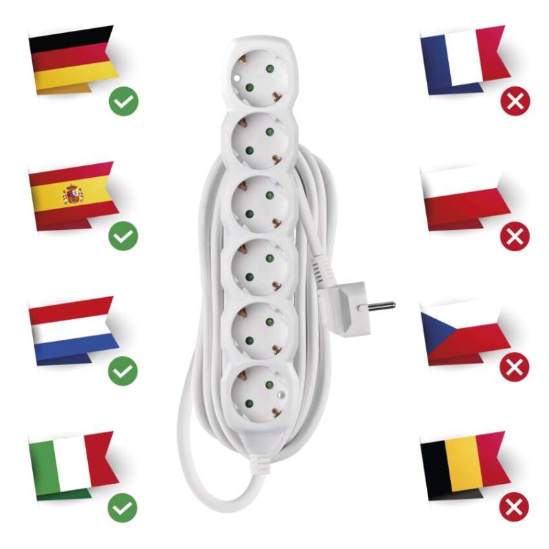 Hosszabbító 5 m / 6 aljzat / fehér / PVC / 1,5 mm2