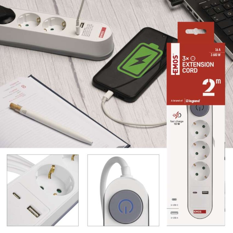 Ilgintuvas 2 m / 3 lizdai / su jungikliu / baltas / 1× USB-A + 1× USB-C / 1,5 mm2 