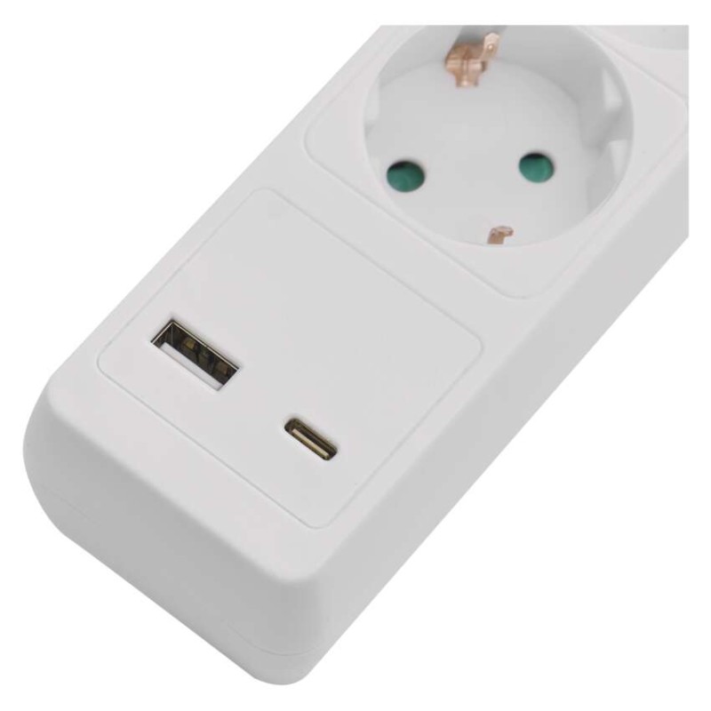 Hosszabbító 2 m / 3 aljzat / kapcsolós / fehér / 1× USB-A + 1× USB-C  / 1,5 mm2