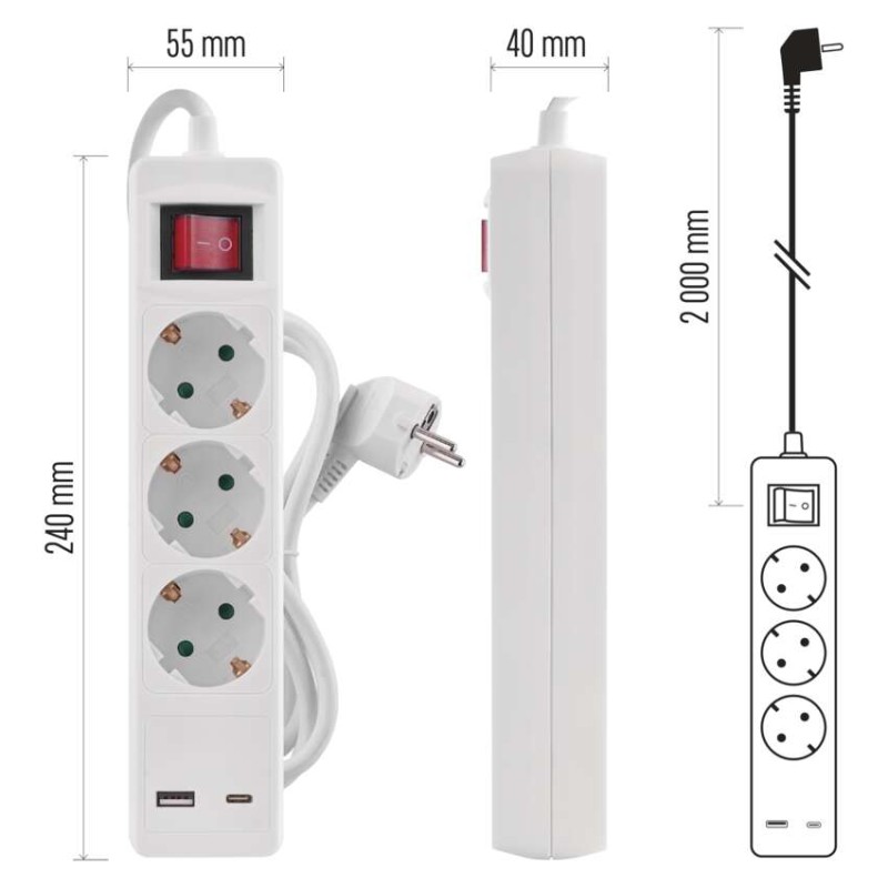 Hosszabbító 2 m / 3 aljzat / kapcsolós / fehér / 1× USB-A + 1× USB-C  / 1,5 mm2