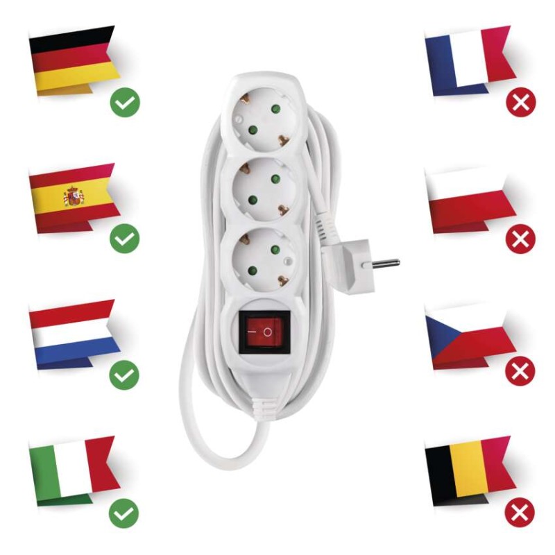 Hosszabbító 5 m / 3 aljzat / kapcsolós / fehér / PVC / 1,5 mm2