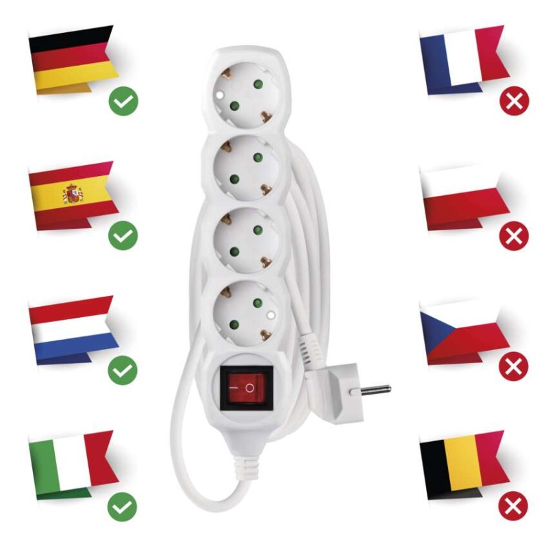 Ilgintuvas 3 m / 4 lizdai / su jungikliu / baltas / PVC / 1,5 mm2 