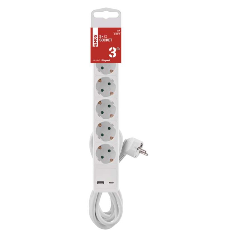 Hosszabbító 3 m / 5 aljzat / kapcsolós / fehér / 1× USB-A + 1× USB-C  / 1,5 mm2