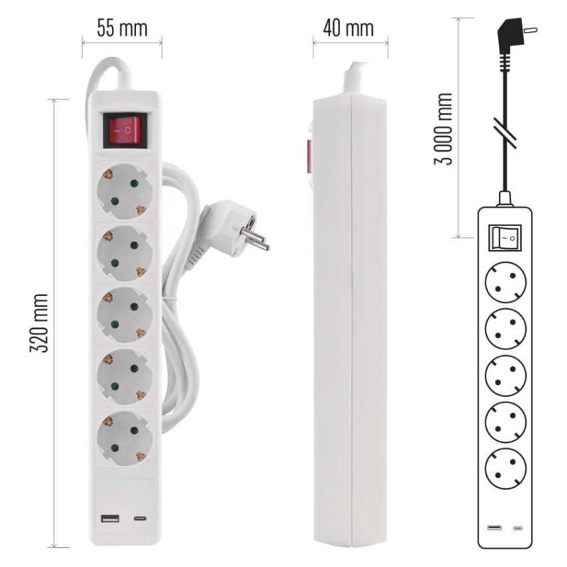 Hosszabbító 3 m / 5 aljzat / kapcsolós / fehér / 1× USB-A + 1× USB-C  / 1,5 mm2