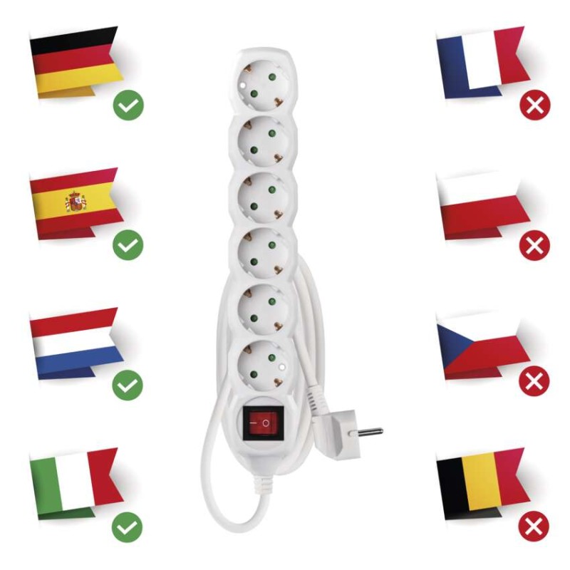 Ilgintuvas 1,5 m / 6 lizdai / su jungikliu / baltas / PVC / 1,5 mm2 