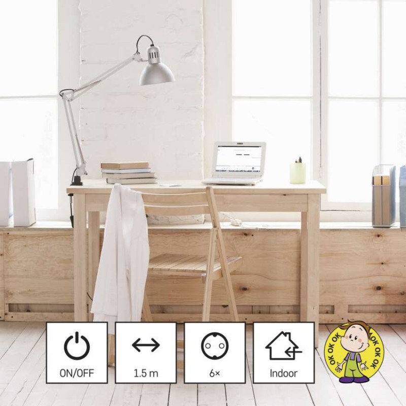 Ilgintuvas 1,5 m / 6 lizdai / su jungikliu / baltas / PVC / 1,5 mm2 